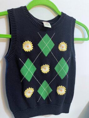 Gymboree Girls Navy/Green Argyle Floral Sweater Vest Size 8 Preppy Cottagecore